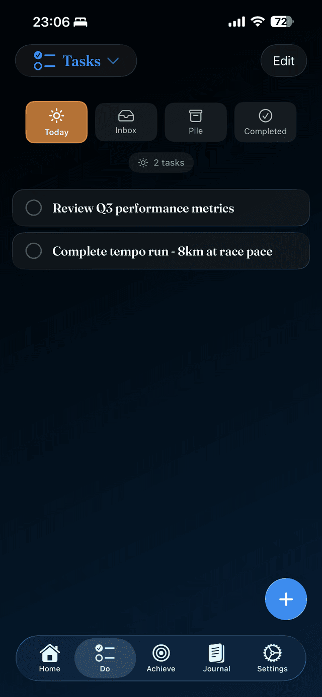 Winna task management with Today, Inbox, Pile, and Completed sections