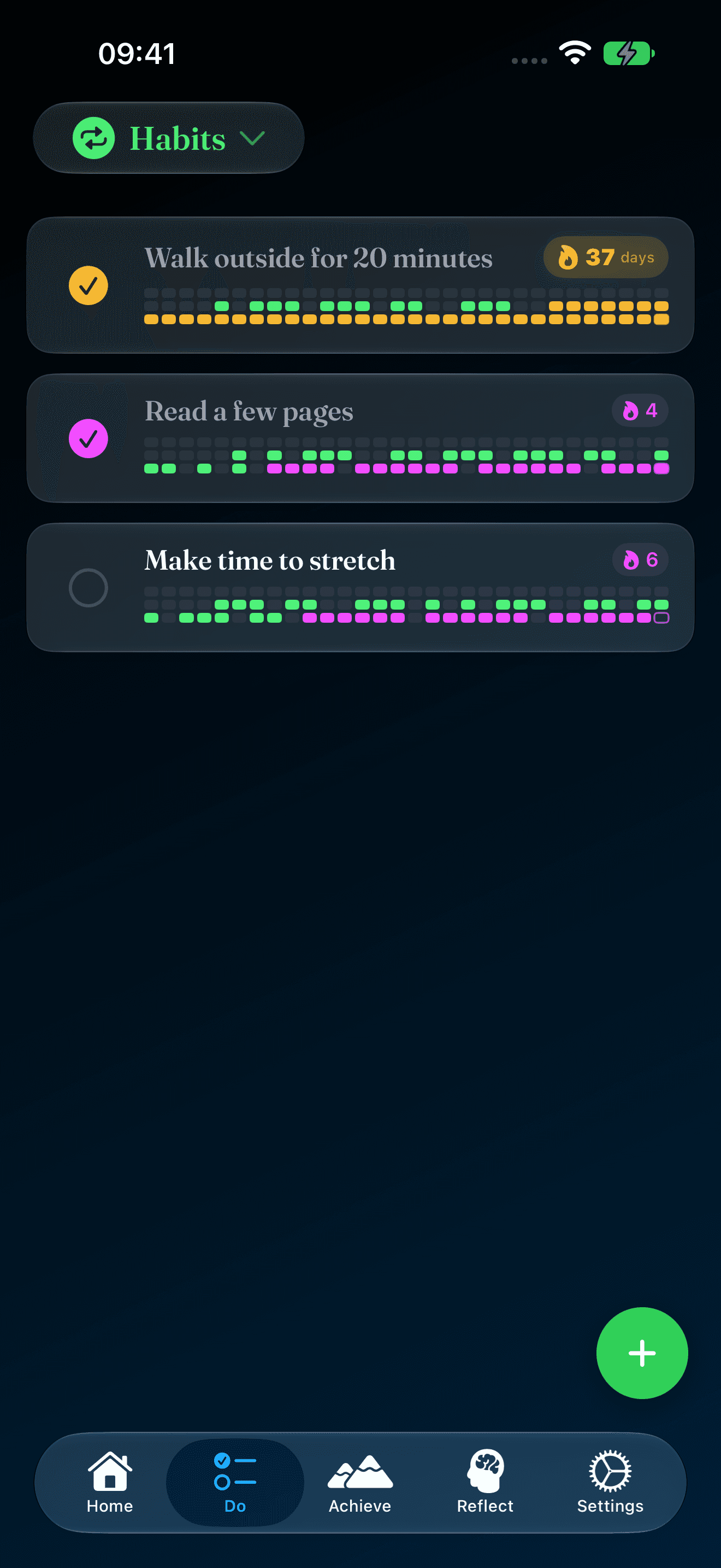 Winna Habits showing completed days and a 37-day walking streak