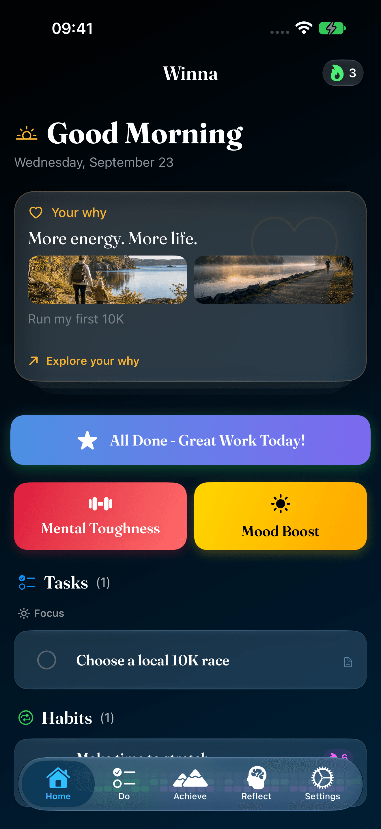 Winna Home in dark mode, with a personal goal, daily tasks and guided workouts