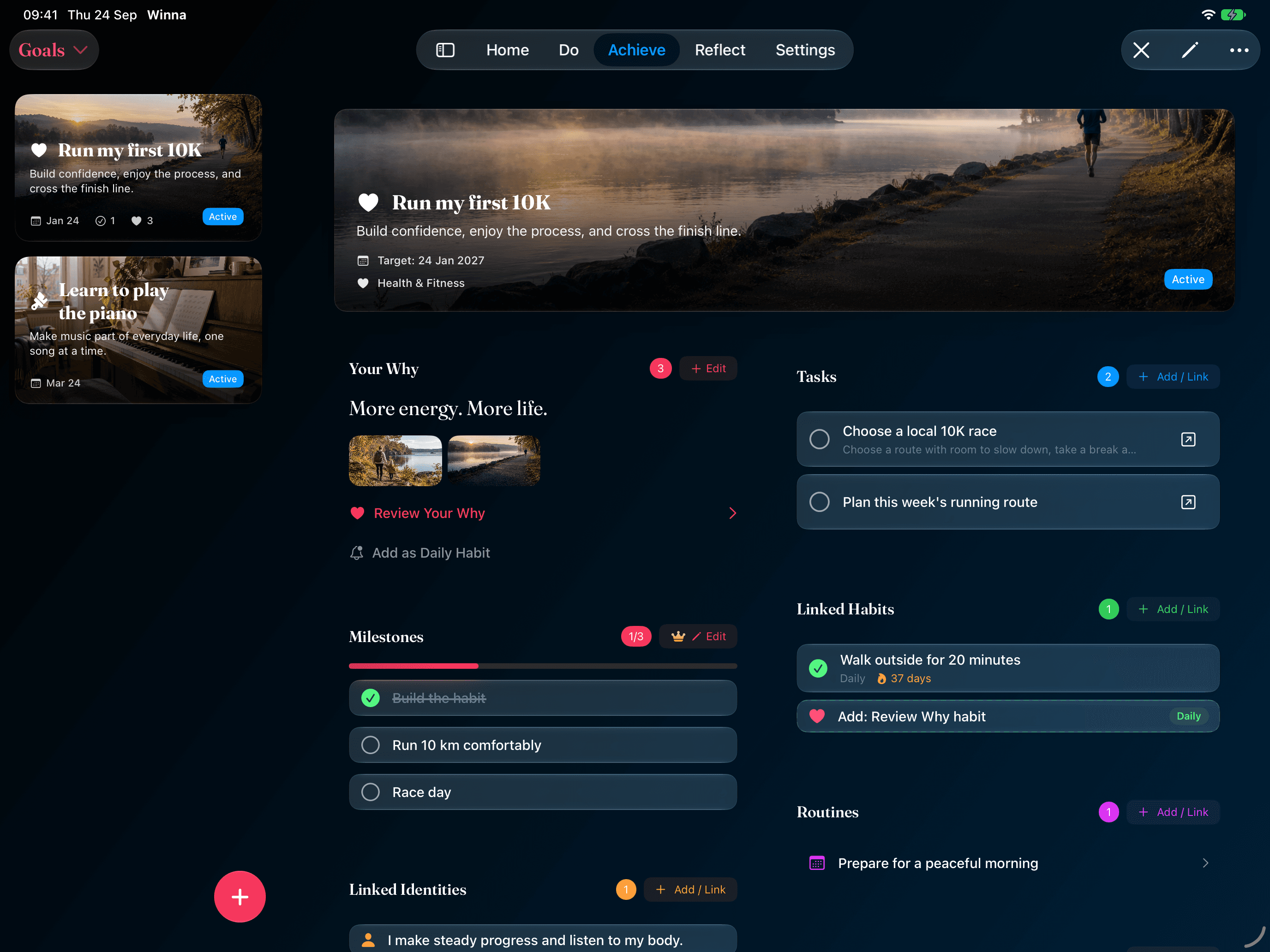 Winna on iPad in landscape with top tabs, two goals, Your Why photos, milestones and linked tasks and habits
