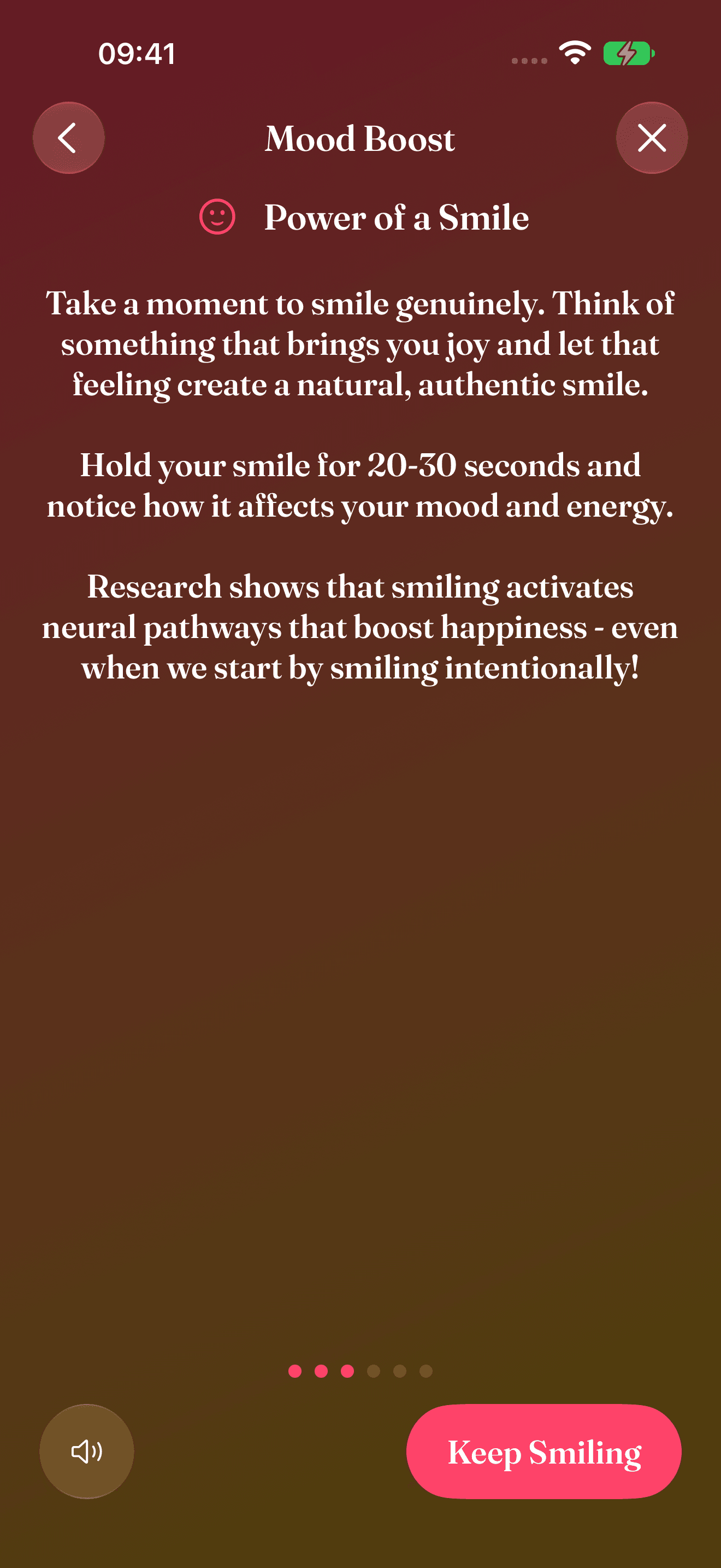 Power of a Smile in Winna Mood Boost, with guided prompts and a Keep Smiling button