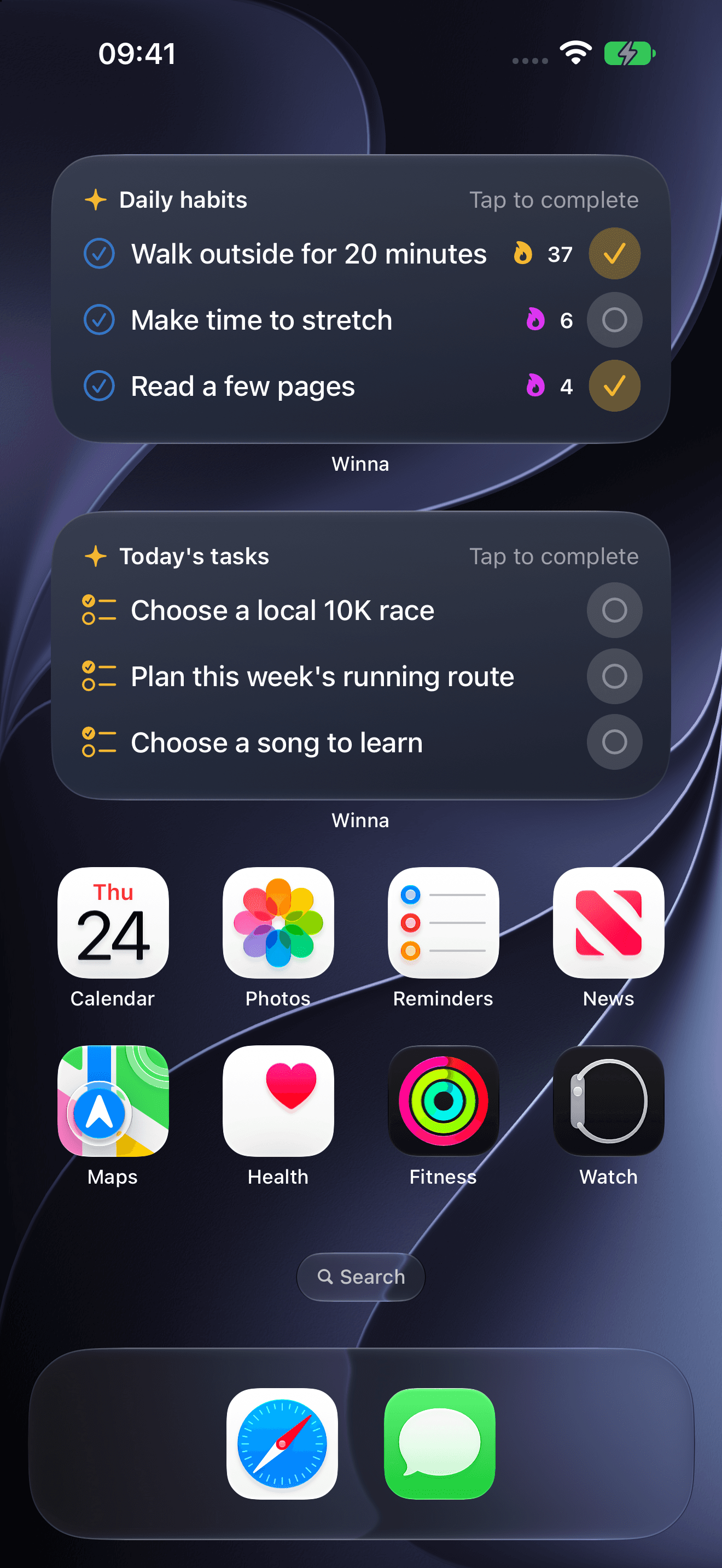Winna's dark Daily Habits and Today's Tasks widgets on the iPhone Home Screen, with streaks and completion buttons
